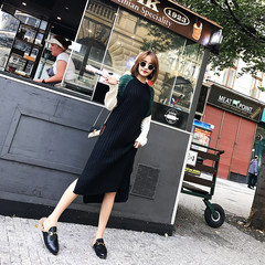 2017 new women's loose in the long sleeved sweater dress Korean knee knitting dress in autumn and winter F black