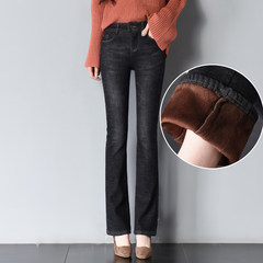 High waist plus velvet jeans BDF 2017 female autumn new Korean large thin slim pants horn flash code Thirty Black Suede thickening