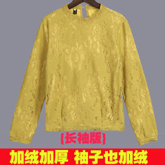 Autumn and winter lace blouse, women's loose T-shirt, short Korean version, big bang code, velvet shirt, long sleeved shirt, long sleeved shirt 3XL Yellow (long sleeve with cashmere thickening)