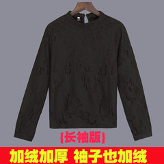 Autumn and winter lace blouse, women's loose T-shirt, short Korean version, big bang code, velvet shirt, long sleeved shirt, long sleeved shirt 3XL Black (long sleeve with cashmere thickening)