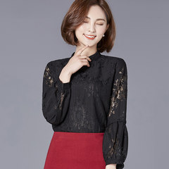 Autumn and winter lace blouse, women's loose T-shirt, short Korean version, big bang code, velvet shirt, long sleeved shirt, long sleeved shirt 3XL Black (autumn style)