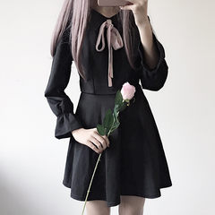 Autumn Korean women's sweet little fresh bow long sleeved dress slim slim dress tide students F black