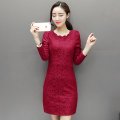 New big size lace dress in autumn and winter, female thickening, middle length long sleeve, buttocks backing skirt, middle skirt 3XL Wine red (double layer plus velvet)