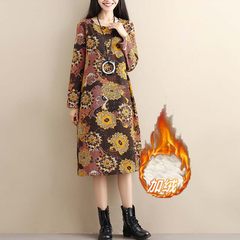 New folk style art prints and velvet cotton long sleeved dress size thick thin dress in women L [suggestion 110-125 Jin] Color 4 [thickening of cashmere]