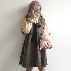 Autumn and winter sweet day soft girl students, butterfly tie, V collar strap dress, women two sets ulzzang F Two piece set