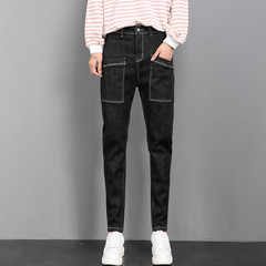 Pants girl Haren jeans, female big autumn fat mm plus cashmere trousers, baggy pants, banana pants, trousers 38 yards (about 190 Jin) black