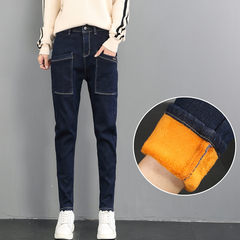 Pants girl Haren jeans, female big autumn fat mm plus cashmere trousers, baggy pants, banana pants, trousers 38 yards (about 190 Jin) Black Suede thickening