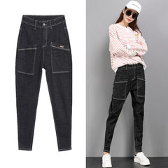 Pants girl Haren jeans, female big autumn fat mm plus cashmere trousers, baggy pants, banana pants, trousers 38 yards (about 190 Jin) Black trousers Extended Edition