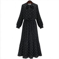 [] Korean winter special offer every day long polka dot print dress female waist slim floral Pleated Dress 3XL Polka point dress