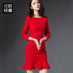Long sleeved dress female winter slim slim package hip skirt red dress little black dress size bottom dress tide 3XL gules