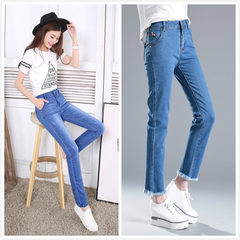 Autumn and winter high waist jeans female small straight pants with Korean cashmere slim slim size elastic thick loose Thirty Blue blue trousers to send nine points