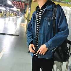 In the autumn of 2017 new Korean hole all-match students loose jeans BF handsome boys jacket jacket wind tide M Navy Blue