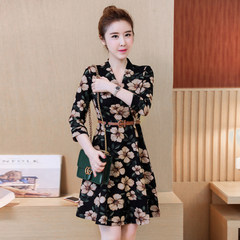Autumn dress 2017 new style women's fashion printed long sleeve Han Dynasty V collar show thin middle long early autumn skirt L Black big flower long sleeve [belt]