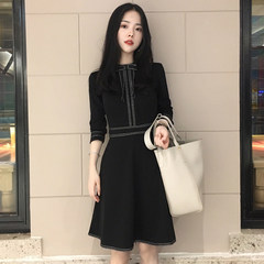 2017 fall fashion female retro slim Hepburn winter ladies small fragrant little black dress backing long sleeved dress S Black [long sleeves]