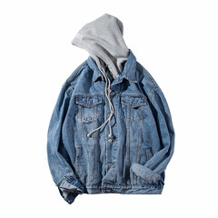 @ROCKY Korean autumn lovers, hooded denim jacket, loose fake two long sleeved jacket, men's jeans S blue