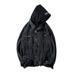 @ROCKY Korean autumn lovers, hooded denim jacket, loose fake two long sleeved jacket, men's jeans S black