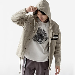 Brand suit jeans jacket, men's Retro tide oversize, spring and autumn youth hooded short coat men M gray