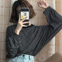 Autumn dress sweater T-shirt Korean retro loose all-match thin striped T-shirt shirt blouse F Black strip