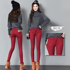 Wear pants plus velvet color candy color thick pencil pants feet long pants cowboy boots pants back in autumn and winter 29 [two feet two] Wine red plus cashmere thickening