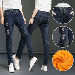 Korean female jeans fall fat mm size with thickened Elastic Waist Stretch slim cashmere Haren skinny pants 26 yards a foot nine 806# dark blue with velvet