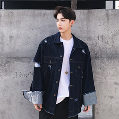 The first seven autumn outfit designer, the New South Korea ulzzang shoulder sleeve, rough edge wash, wide denim coat M Navy Blue