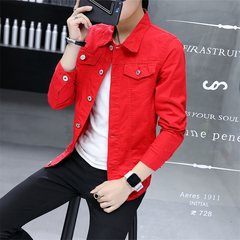 Autumn and winter tide men's Denim Jacket Mens Long sleeve jacket jeans slim young Korean student jacket 3XL Pure red