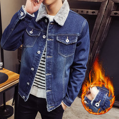 2017 winter and winter denim jacket, male plus cashmere thickening, cotton, Korean style, big size young jacket, trend clothes 3XL 1606 deep blue hair collar (cashmere)