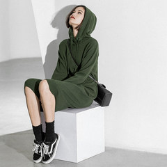 1313 hooded long wool knitting dress female knee sleeve head loose casual long winter sweater dress Large code (for L) Army green (spot)