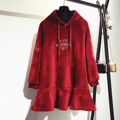 New Korean embroidery loose hooded long sleeved sweater cashmere velvet dress with thick warm woman F Claret
