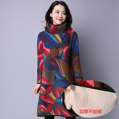 2017 autumn and winter large folk style plus velvet skirt clip cotton turtleneck thickened base loose and long sleeve dress L (120-135 Jin) Blue thickening without lint
