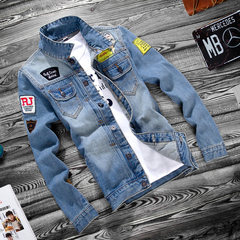 The spring and autumn youth cowboy jacket jacket leisure hole thin jacket Korean cultivating middle school students Metrosexual XL/175 Wathet