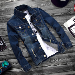 The spring and autumn youth cowboy jacket jacket leisure hole thin jacket Korean cultivating middle school students Metrosexual XL/175 Tibet Navy