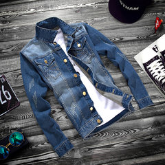 The spring and autumn youth cowboy jacket jacket leisure hole thin jacket Korean cultivating middle school students Metrosexual XL/175 Light blue