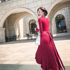 2017 new slim waist a V collar long sleeved knit dress long winter, small fragrant bottom dress XS Liangmeihong