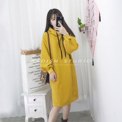 Lin Shanshan Hitz, 2017 Korean long sleeved hooded drawstring long paragraph sweater dresses sub S Four long - yellow sweater