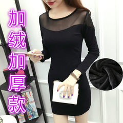 Backing hip long sleeve to add cashmere skirt gauze bag new sexy black lace dress female slim 3XL Net + [model] with black velvet thickening