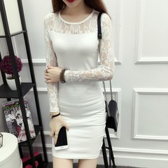 Backing hip long sleeve to add cashmere skirt gauze bag new sexy black lace dress female slim 3XL Lace + white [Premium Edition]