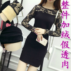 Backing hip long sleeve to add cashmere skirt gauze bag new sexy black lace dress female slim 3XL Lace + whole piece of cashmere
