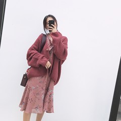 The big homemade autumn Couture retro flounce hem sleeve loose Suihua long sleeved dress tide S Red bean paste
