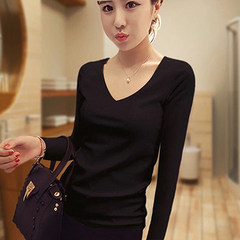 2017 female and black long sleeved shirt all-match slim T-shirt cotton T-shirt coat size plus velvet thickening 3XL Black V collar (without NAP)