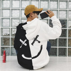 Harajuku wind personality and cashmere sweater stitching couple male hooded handsome loose coat fall trend of Korean Students M Black and white without cashmere