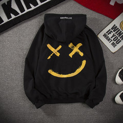 Harajuku wind personality and cashmere sweater stitching couple male hooded handsome loose coat fall trend of Korean Students M Black without velvet