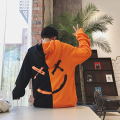 Harajuku wind personality and cashmere sweater stitching couple male hooded handsome loose coat fall trend of Korean Students M Black orange