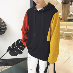 Harajuku wind personality and cashmere sweater stitching couple male hooded handsome loose coat fall trend of Korean Students M Black and yellow without lint