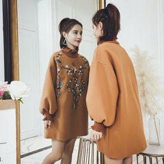 On the conduct of 2017 Hitz embroidery dress female hair Nedong Wei autumn skirt sweater woolen dress Harajuku F Caramel color