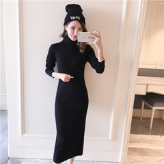 2017 new winter long dress knit turtleneck Korean female slim long sleeved sweater dress bag hip primer S black