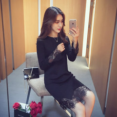 2017 autumn new Korean style loose lace stitching knitted dress, women's long paragraph temperament a word skirt S black