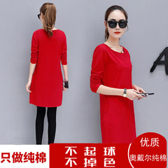 Spring and autumn wear long sleeved T-shirt, women's pure cotton Korean blouse, 2017 new base shirt, big size women's clothing 3XL Scarlet pure color without pattern