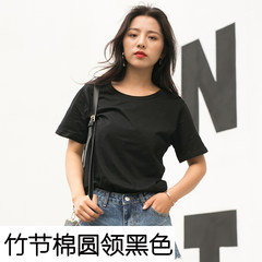 Simple student summer pure white short sleeved T-shirt collar female V loose cotton solid color shirt all-match s Casual S Slub Cotton Black