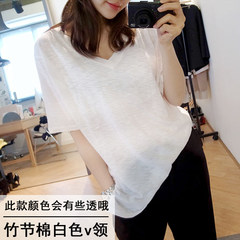 Simple student summer pure white short sleeved T-shirt collar female V loose cotton solid color shirt all-match s Casual M Slub cotton V collar white [this paragraph will be a little thorough